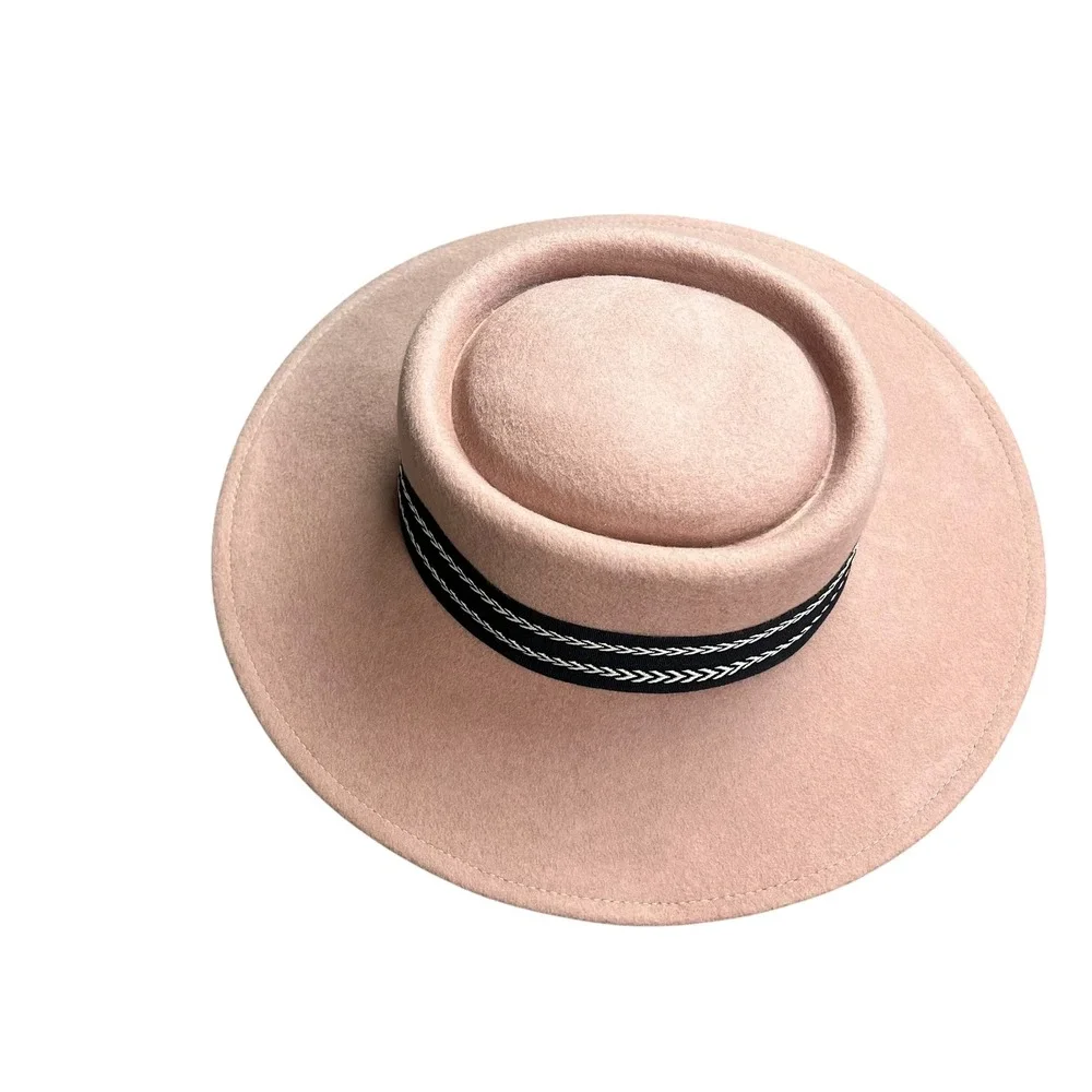 Tan 100% Wool Wide Brim Boater Hat with Chevron Ribbon Band